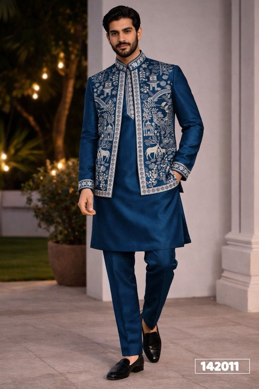 Men’s Embroidered Kurta Pajama with Koti Jacket – Premium Occasion Wear Set