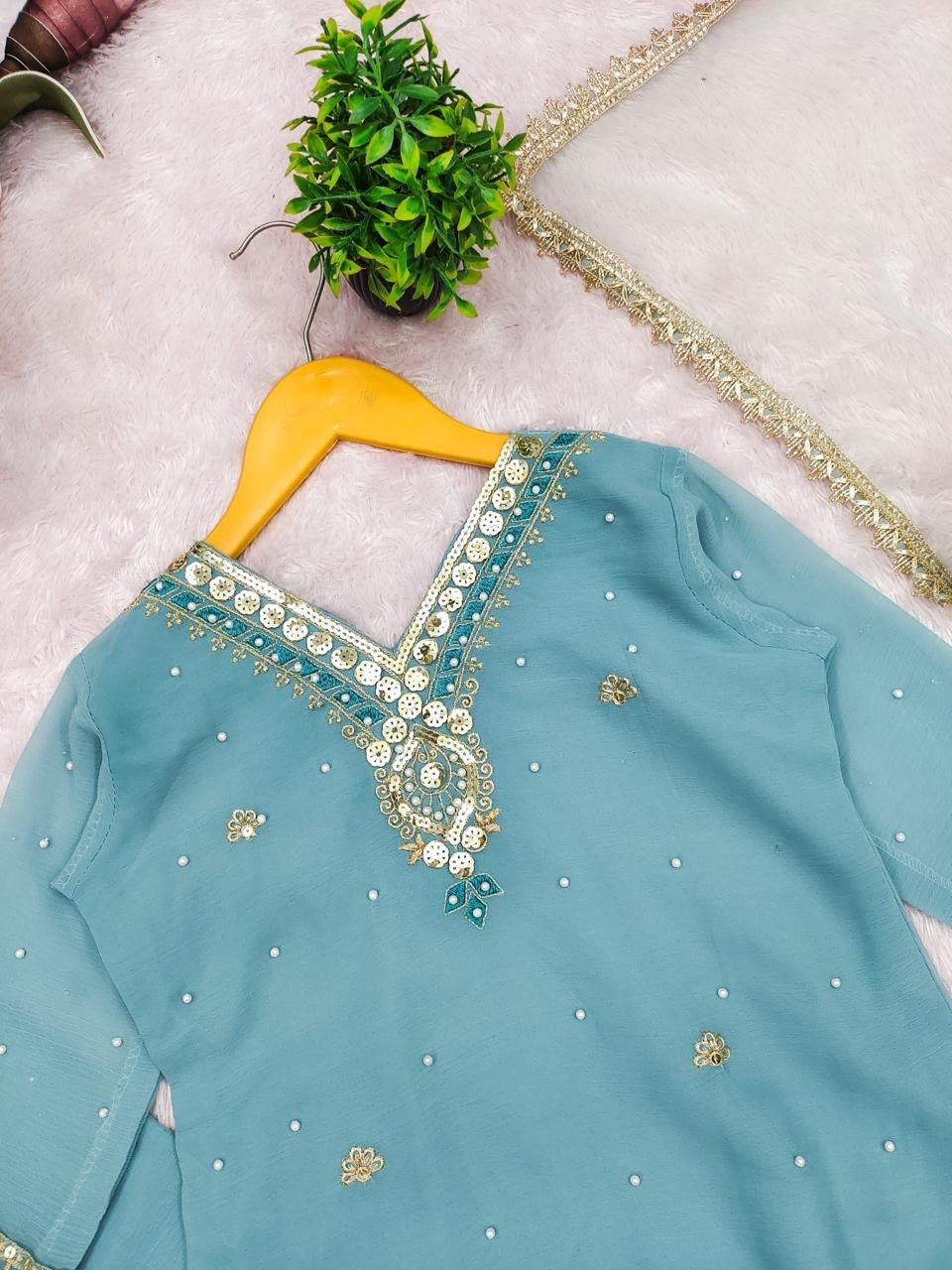 Girls Designer Sharara Suit Set – Embroidered Georgette Top, Sharara & Dupatta
