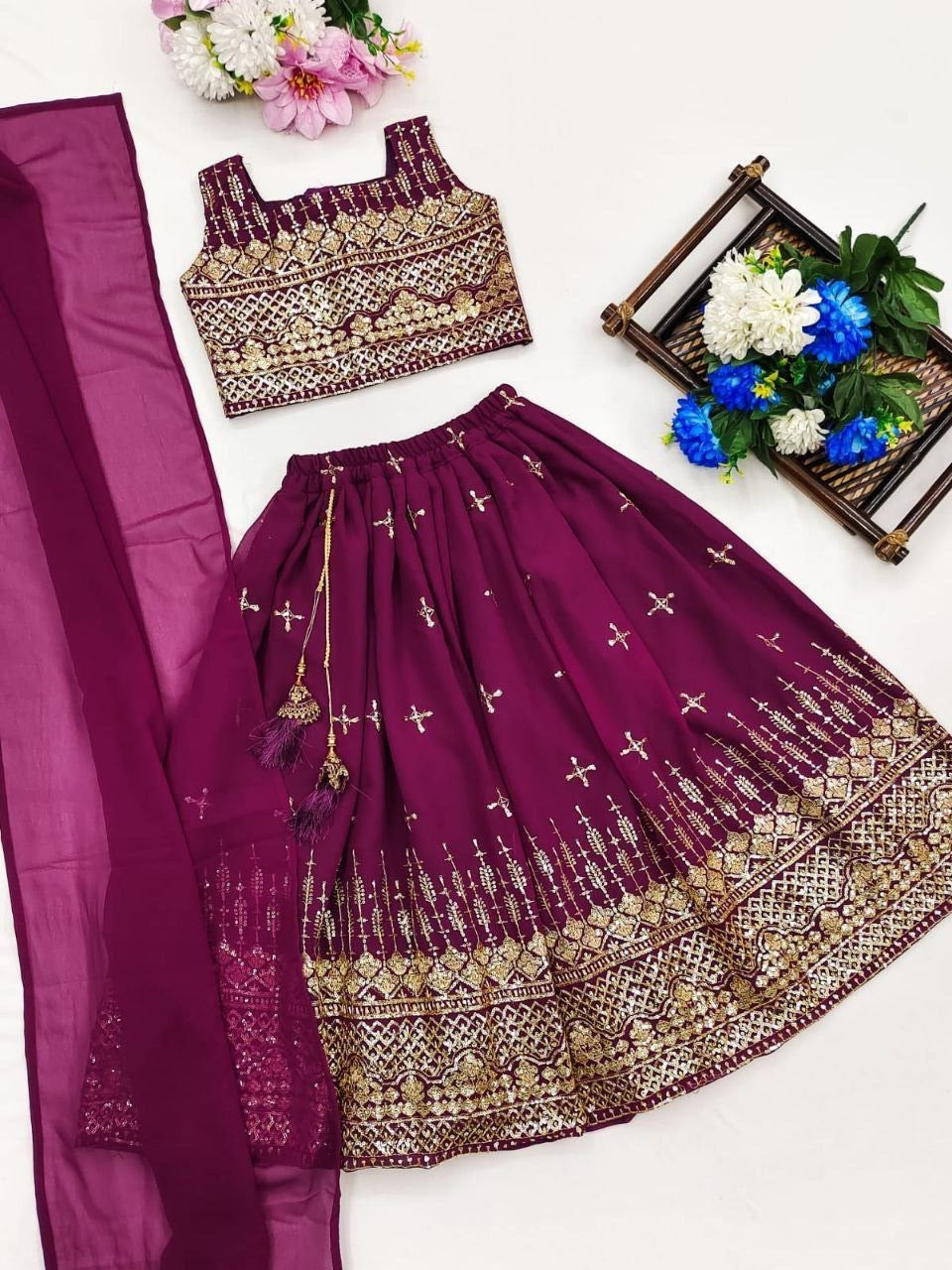Girls Sequin Embroidered Lehenga Choli Set – Georgette Party Wear with Dupatta