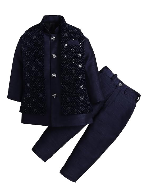 Boys 3-Piece Sherwani Set – Navy Blue Cotton with Velvet Blazer