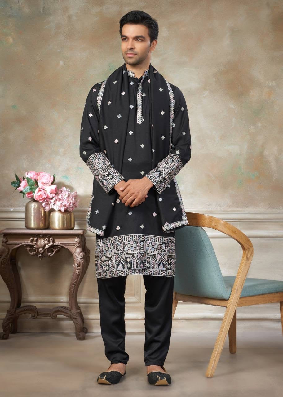 Men’s Silk Kurta Pajama Set with Dupatta – Embroidered Wedding & Party Wear