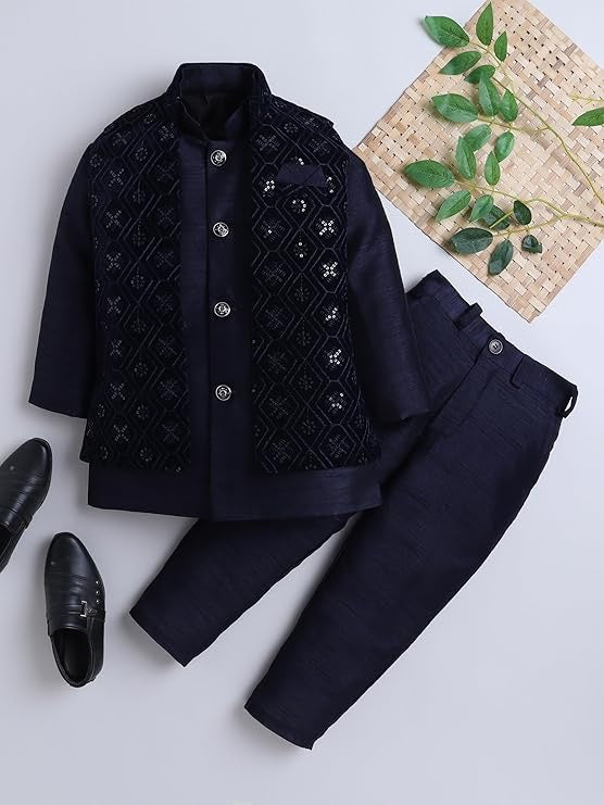 Boys 3-Piece Sherwani Set – Navy Blue Cotton with Velvet Blazer