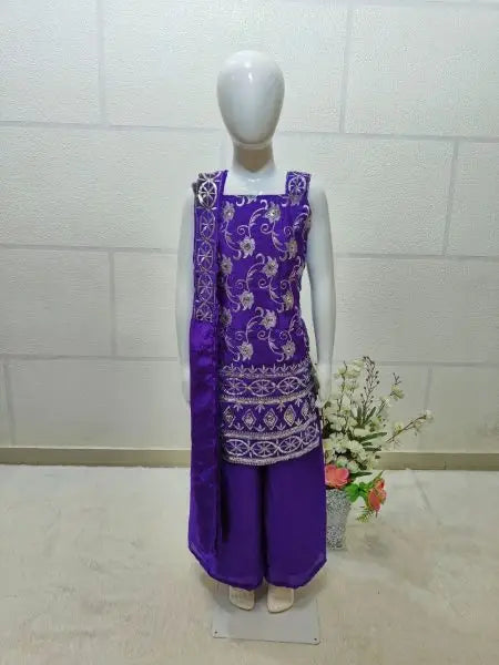 Girls Chinon Cotton Embroidered Palazzo Set with Dupatta – Sequin Party Wear