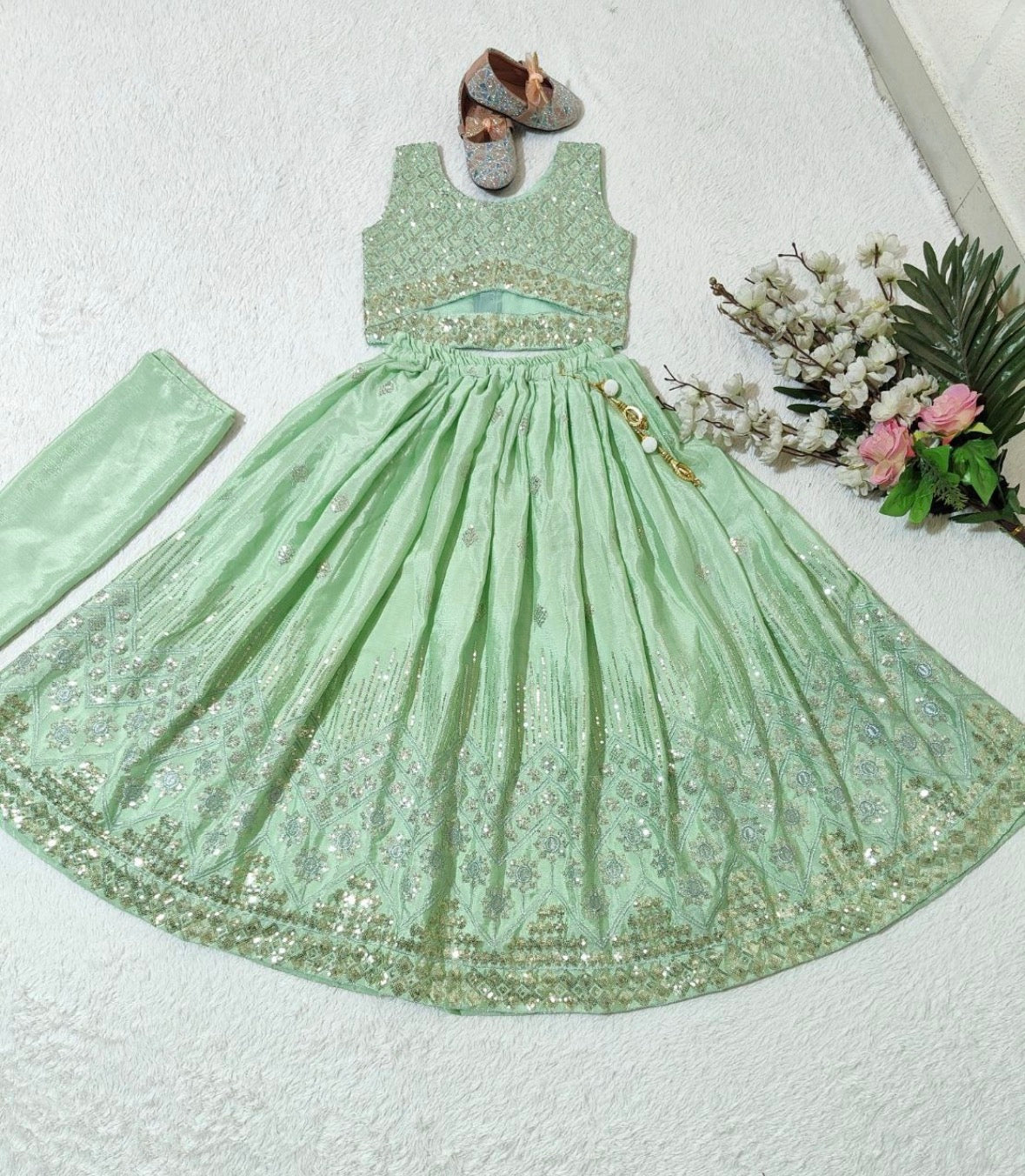 Girls Lehenga Choli Set – Sequin Embroidered Faux Georgette Outfit with Dupatta