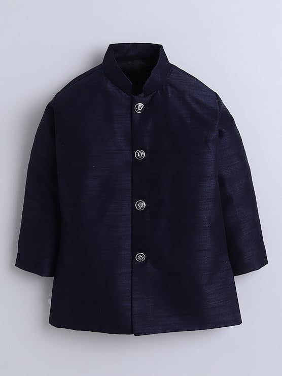 Boys 3-Piece Sherwani Set – Navy Blue Cotton with Velvet Blazer