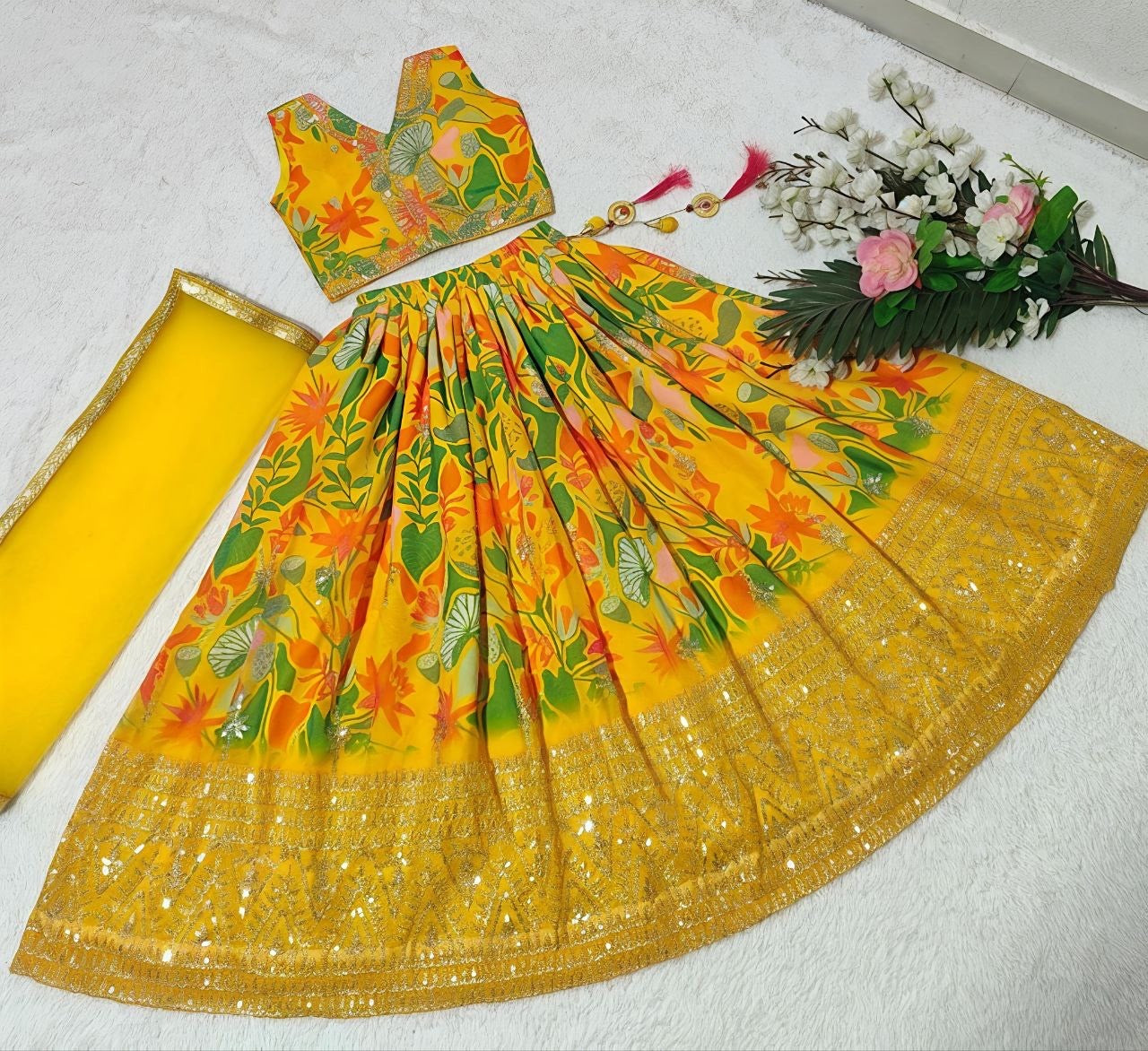 Girls Sequin Embroidered Lehenga Choli Set – Printed Georgette Party Wear with Dupatta