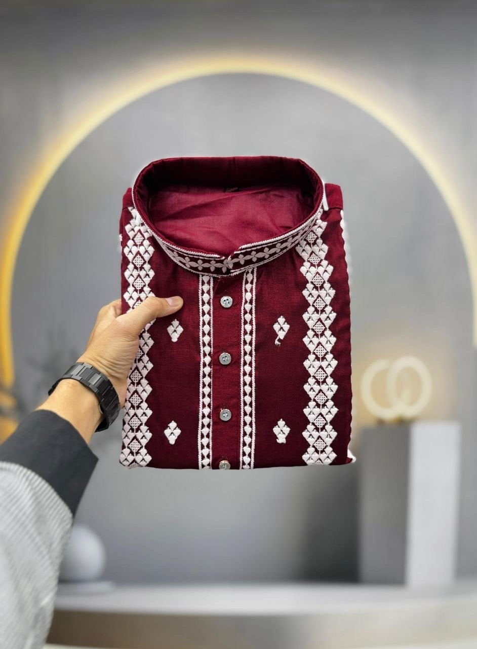 Men’s Heavy Embroidered Silk Kurta – Silver Sequin Detail