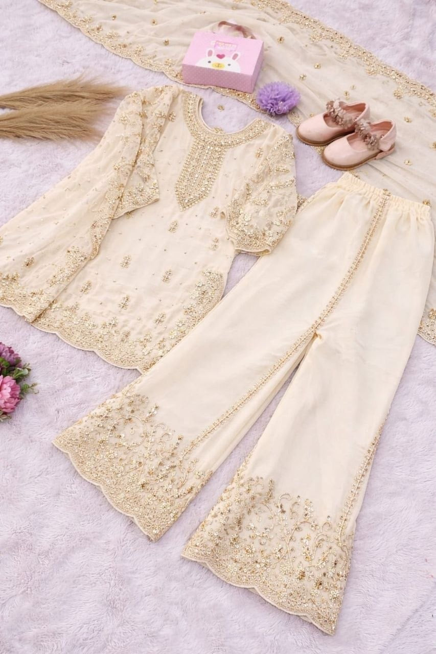 Girls Heavy Embroidered Sharara Suit Set – Georgette Kurti, Palazzo & Dupatta