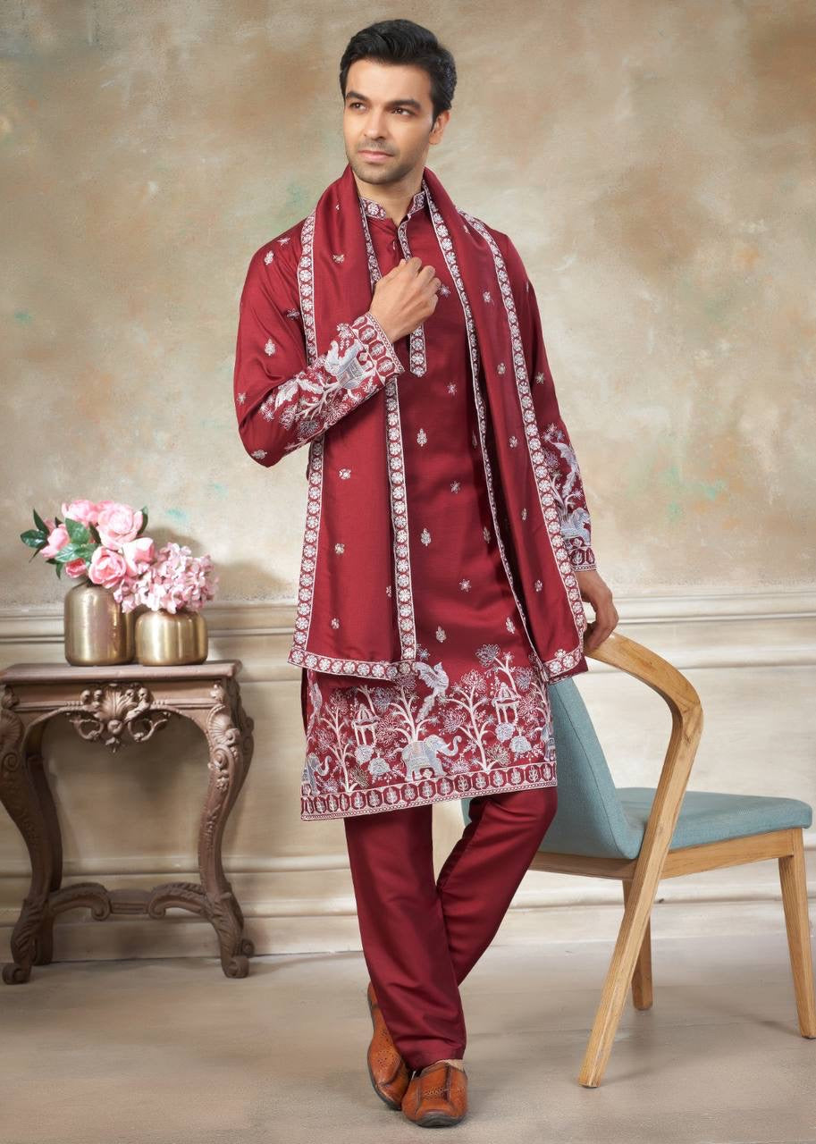 Men’s Silk Kurta Pajama Set with Dupatta – Embroidered Wedding & Party Wear