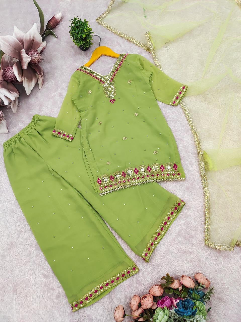 Girls Designer Sharara Suit Set – Embroidered Georgette Top, Sharara & Dupatta