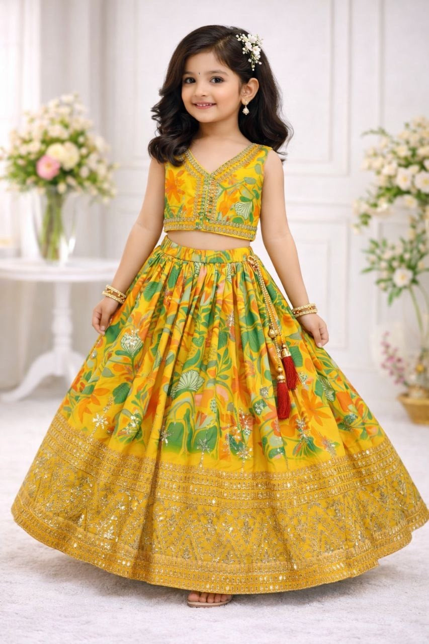 Girls Sequin Embroidered Lehenga Choli Set – Printed Georgette Party Wear with Dupatta