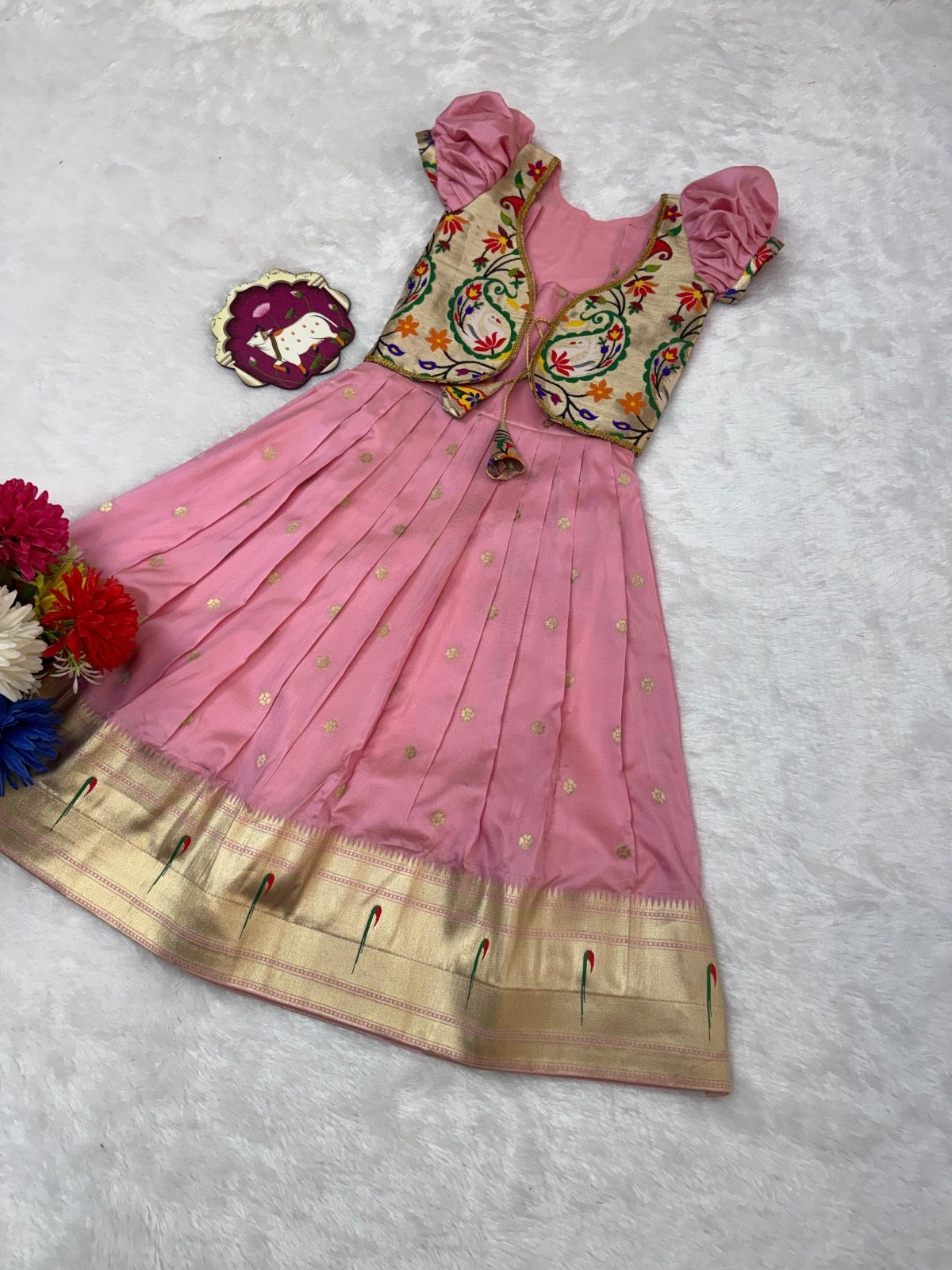 Girls Paithani Silk Gown with Overcoat – Golden Zari Weaving Party Wear