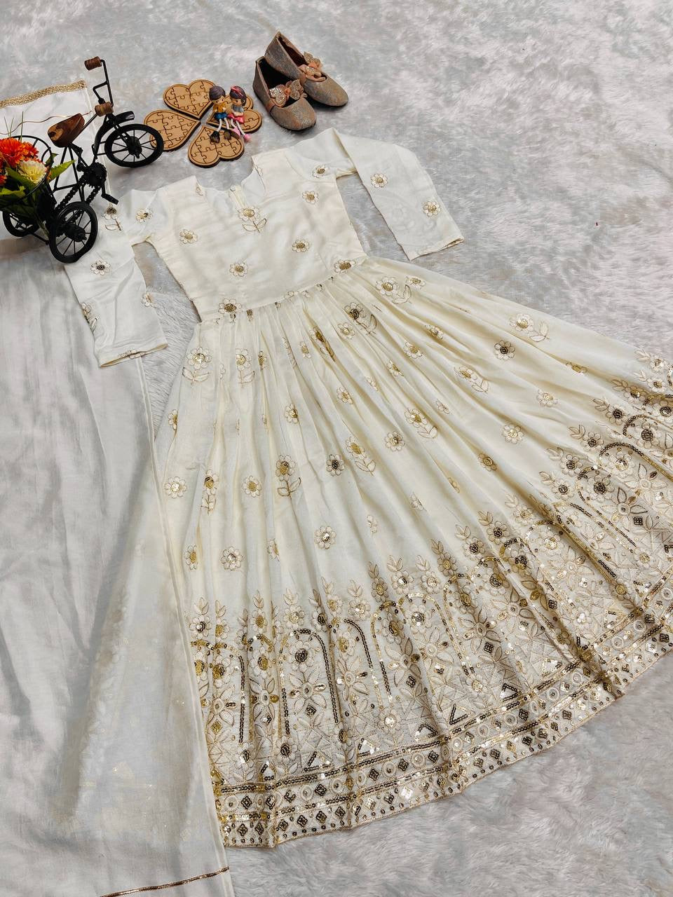 Girls Embroidered Vichitra Silk Gown with Dupatta – Sequin Party Wear