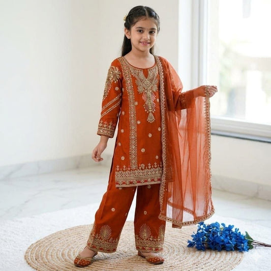 Girls Sharara Suit Set – Embroidered Georgette Kurti Palazzo with Dupatta