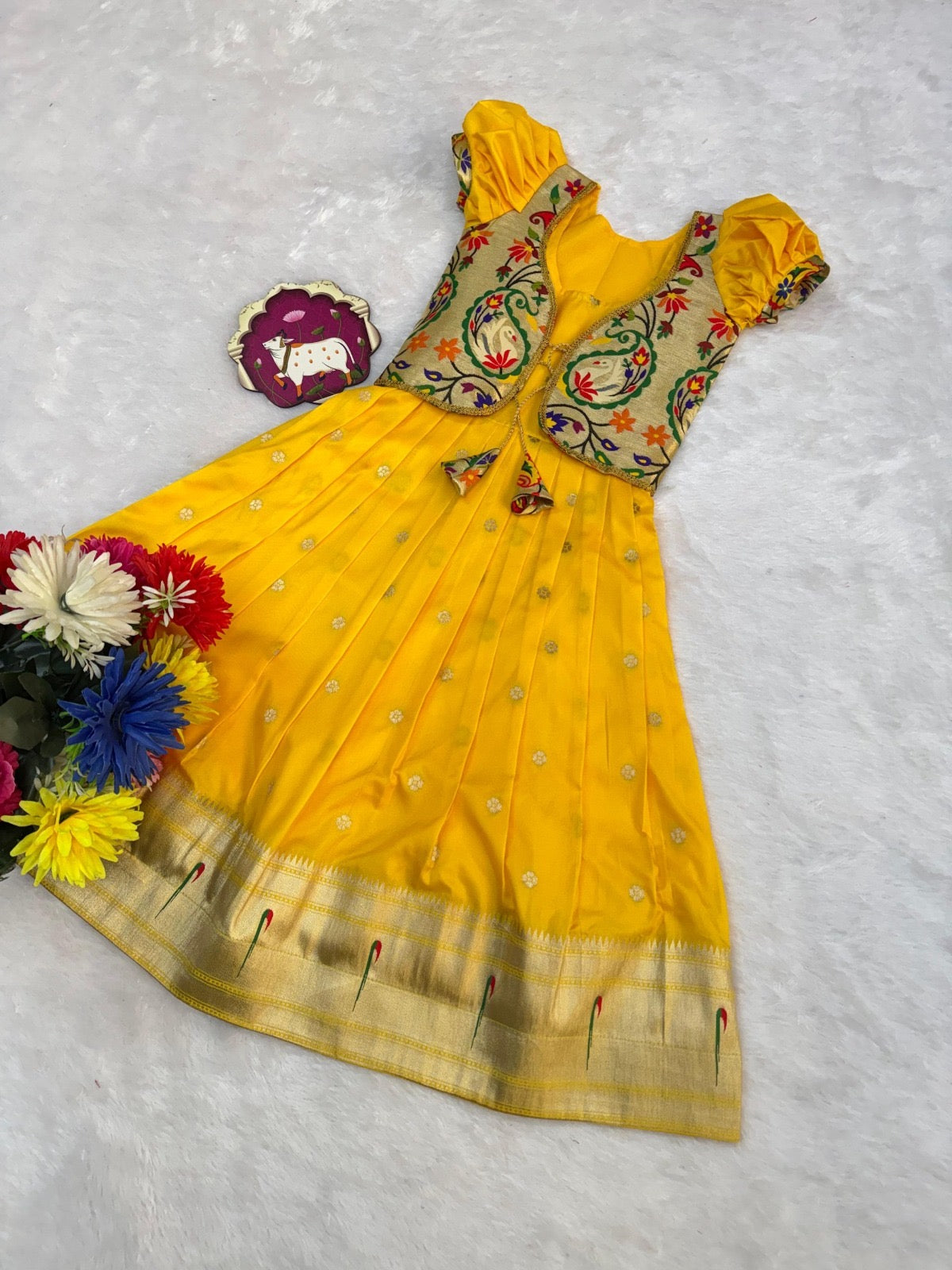 Girls Paithani Silk Gown with Overcoat – Golden Zari Weaving Party Wear