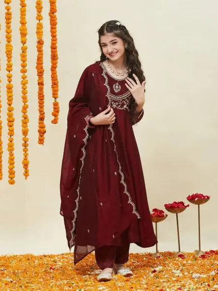 MGirls Silk Blend Kurti Pant Set with Embroidered Dupatta
