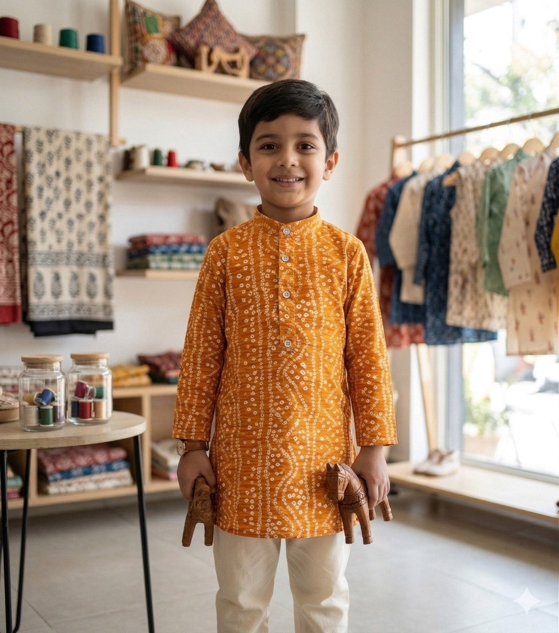 Kids Bandhani Foil Print Kurta