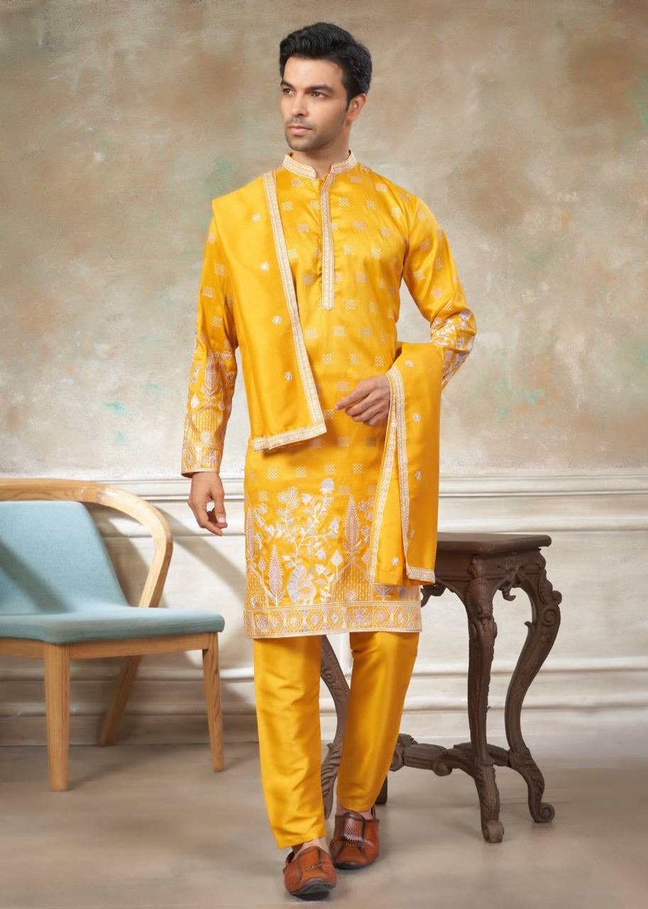 Men’s Silk Kurta Pajama Set with Dupatta – Embroidered Wedding & Party Wear