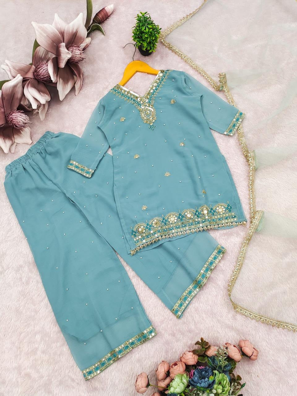Girls Designer Sharara Suit Set – Embroidered Georgette Top, Sharara & Dupatta