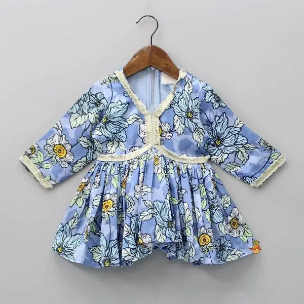 Girls Sky Blue Cotton Sharara Set – Printed Top Party Wear