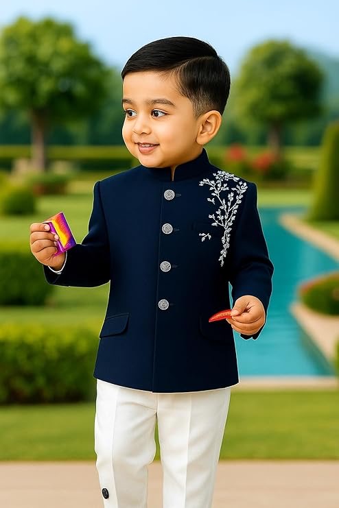 Boys Kurta Dhoti Set with Embroidered Jacket – Blue Festive Outfit