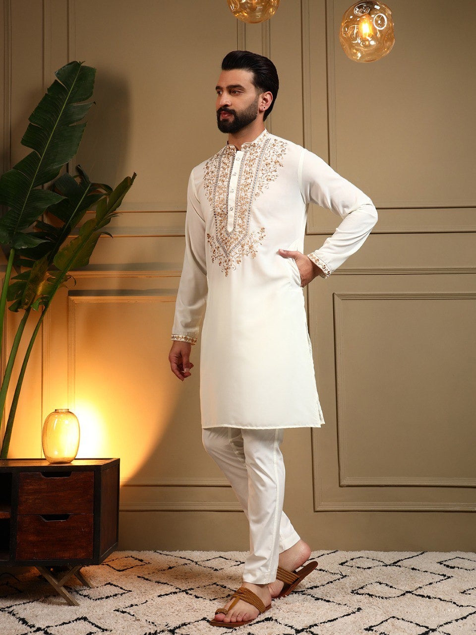 Men’s Embroidered Kurta Pyjama Set – Armani Lachko Fabric
