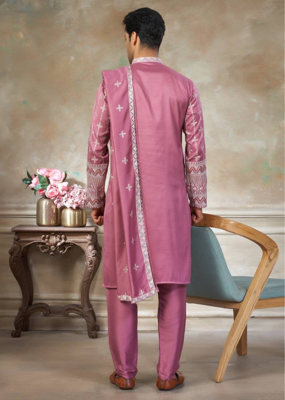 Men’s Silk Kurta Pajama Set with Dupatta – Embroidered Wedding & Party Wear