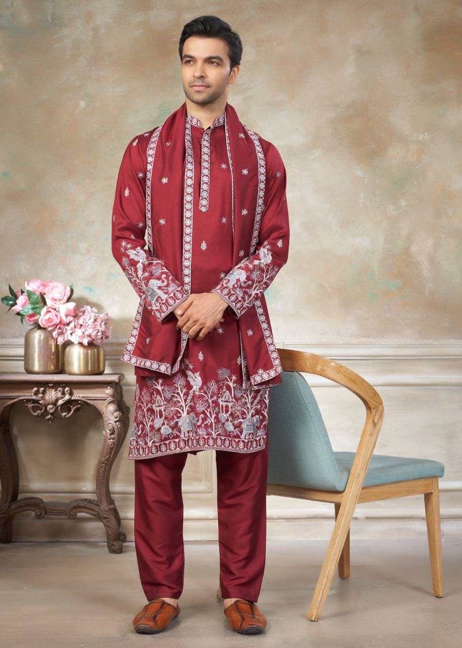 Men’s Silk Kurta Pajama Set with Dupatta – Embroidered Wedding & Party Wear