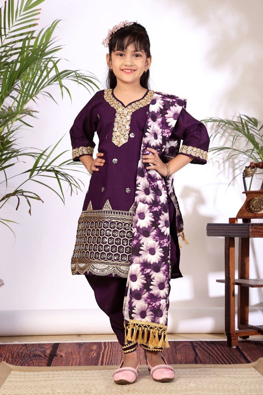 Girls Kurta Set – Floral Embroidered Silk Crepe Top Pant with Dupatta