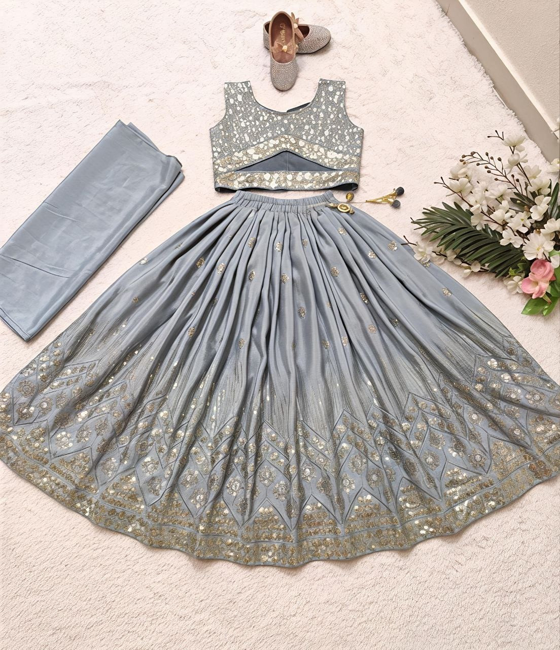 Girls Lehenga Choli Set – Sequin Embroidered Faux Georgette Outfit with Dupatta