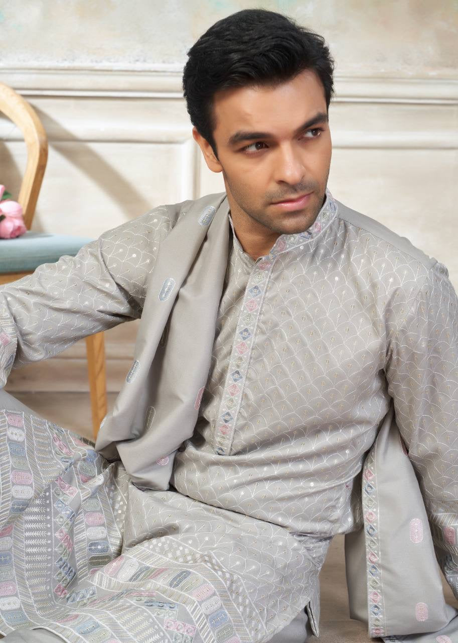 Men’s Silk Kurta Pajama Set with Dupatta – Embroidered Wedding & Party Wear