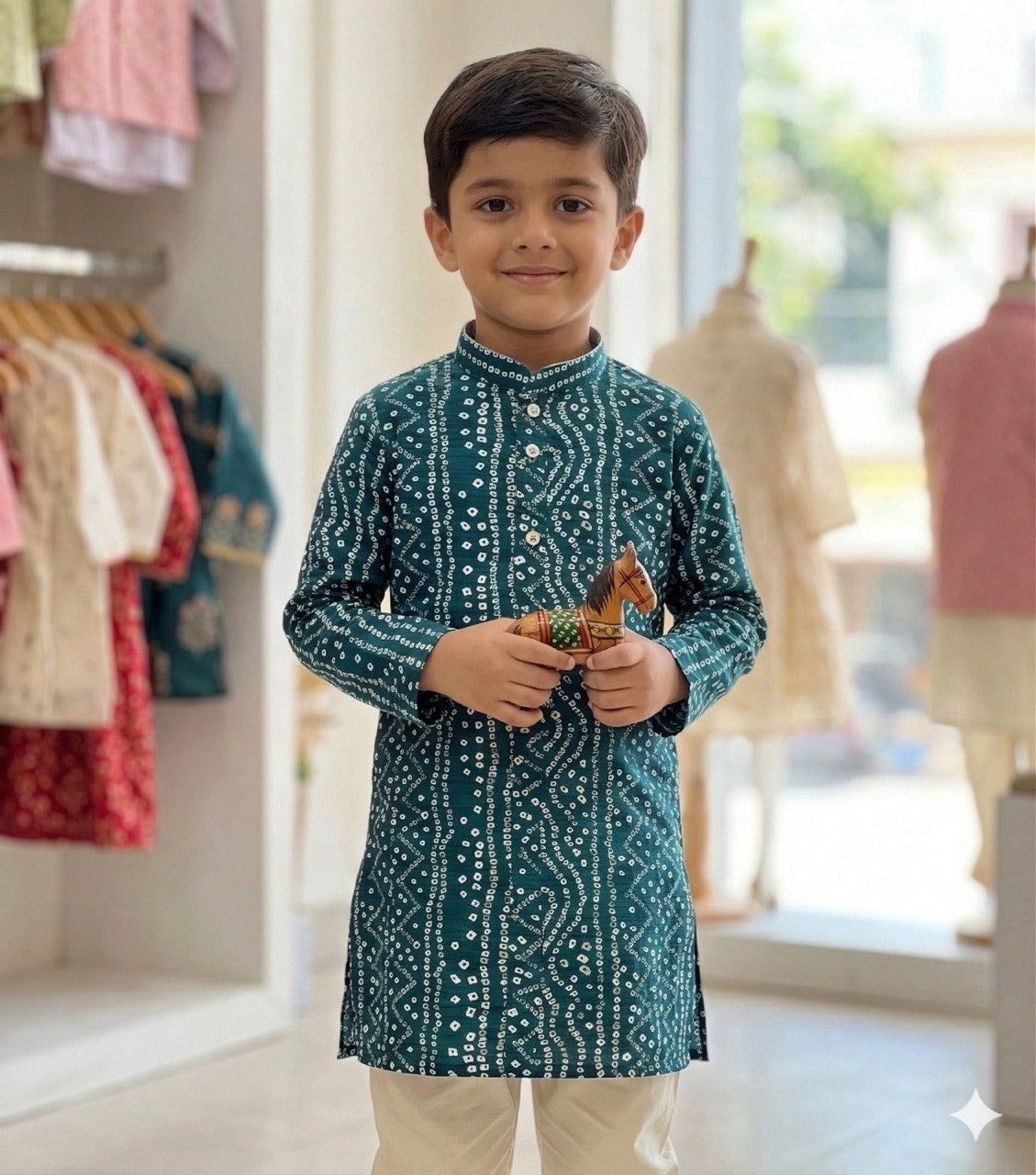 Kids Bandhani Foil Print Kurta