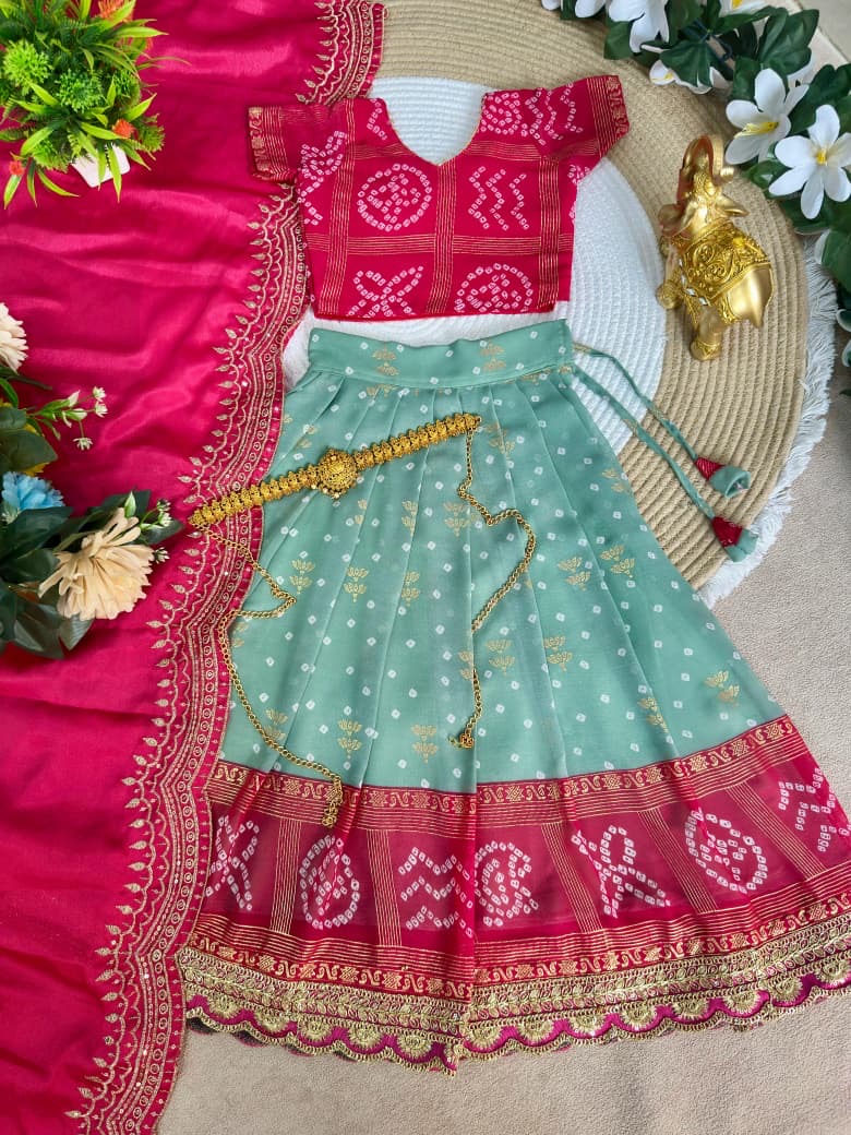 Girls Bandhani Silk Lehenga Choli Set with Dupatta – Embroidered Party & Wedding Outfit