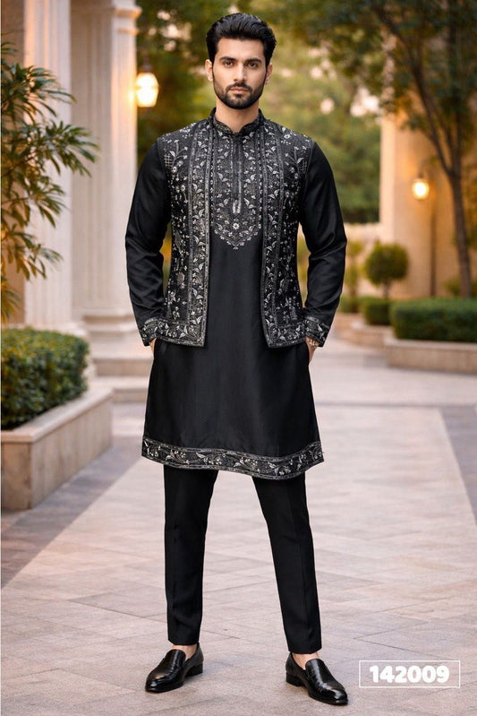 Men’s Embroidered Kurta Pajama with Koti Jacket – Premium Occasion Wear Set