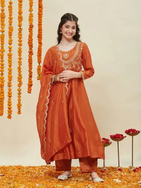 MGirls Silk Blend Kurti Pant Set with Embroidered Dupatta