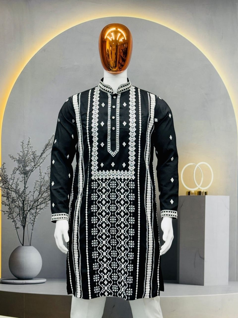 Men’s Heavy Embroidered Silk Kurta – Silver Sequin Detail
