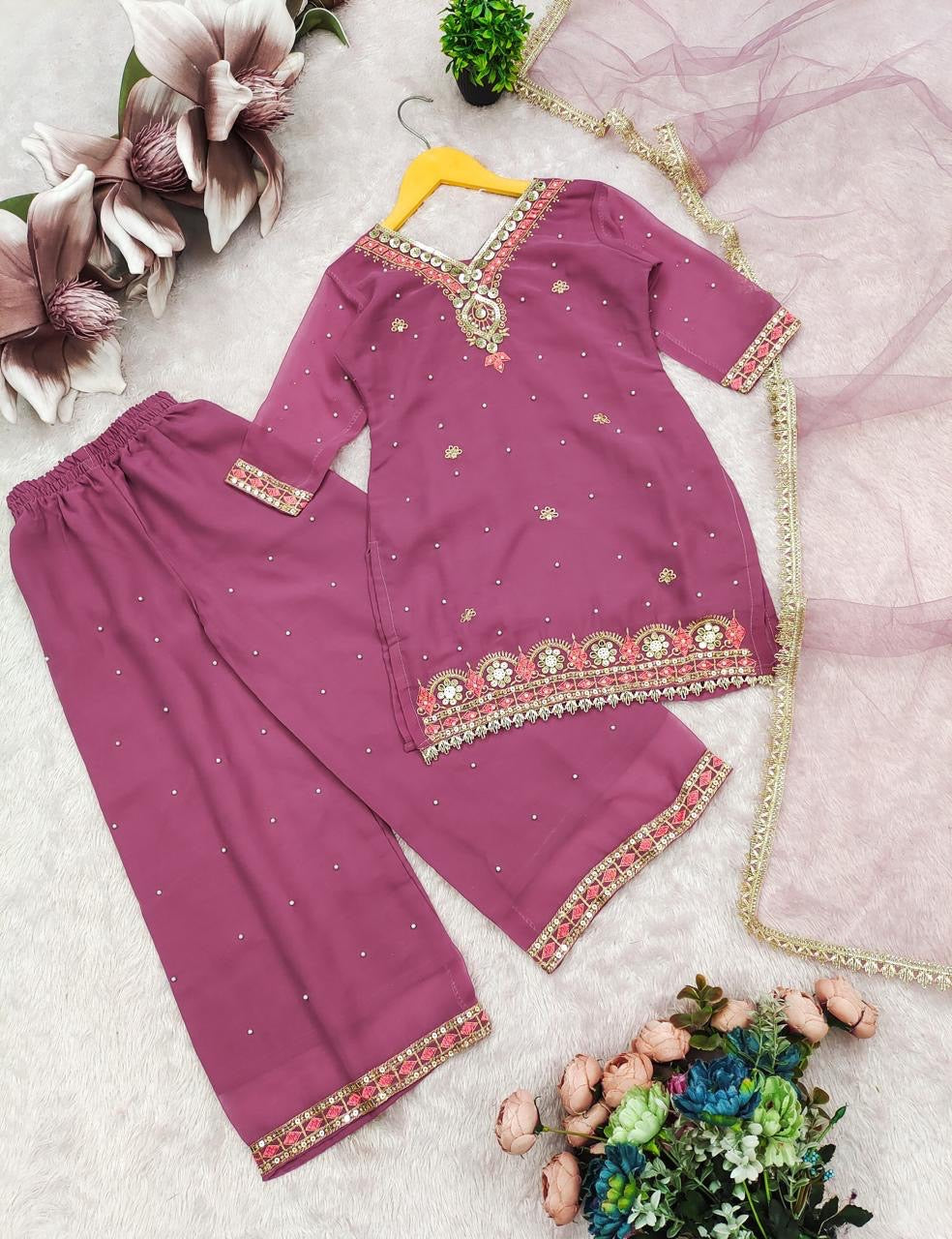 Girls Designer Sharara Suit Set – Embroidered Georgette Top, Sharara & Dupatta
