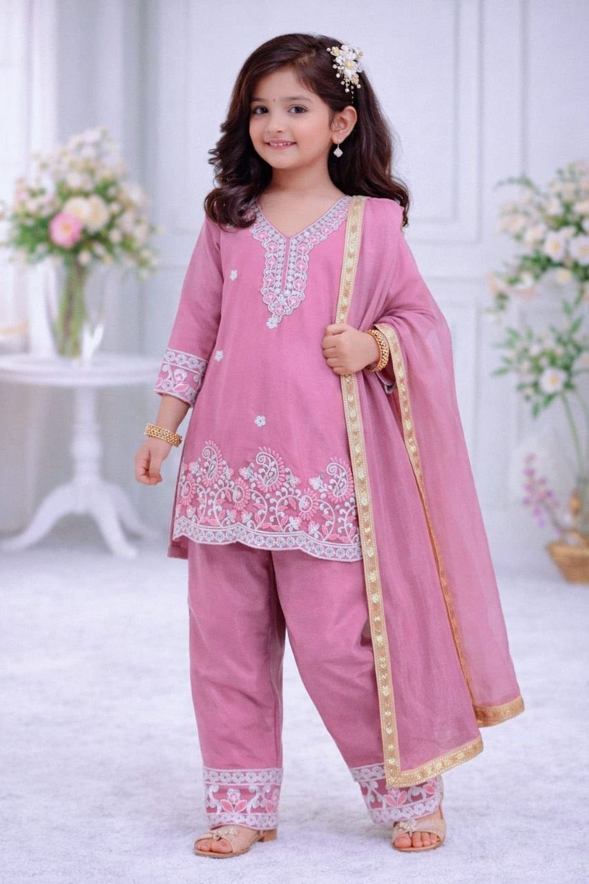 Girls 3-Piece Embroidered Party Outfit – Silk Top, Palazzo & Dupatta