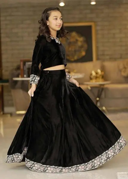 Girls Velvet Lehenga Choli Set – Heavy Sequin Embroidery with Net Dupatta