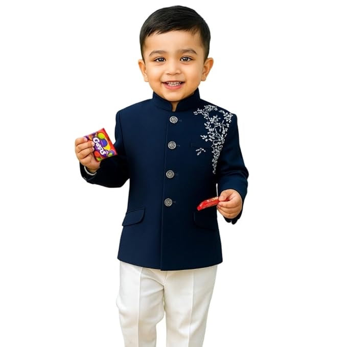 Boys Kurta Dhoti Set with Embroidered Jacket – Blue Festive Outfit