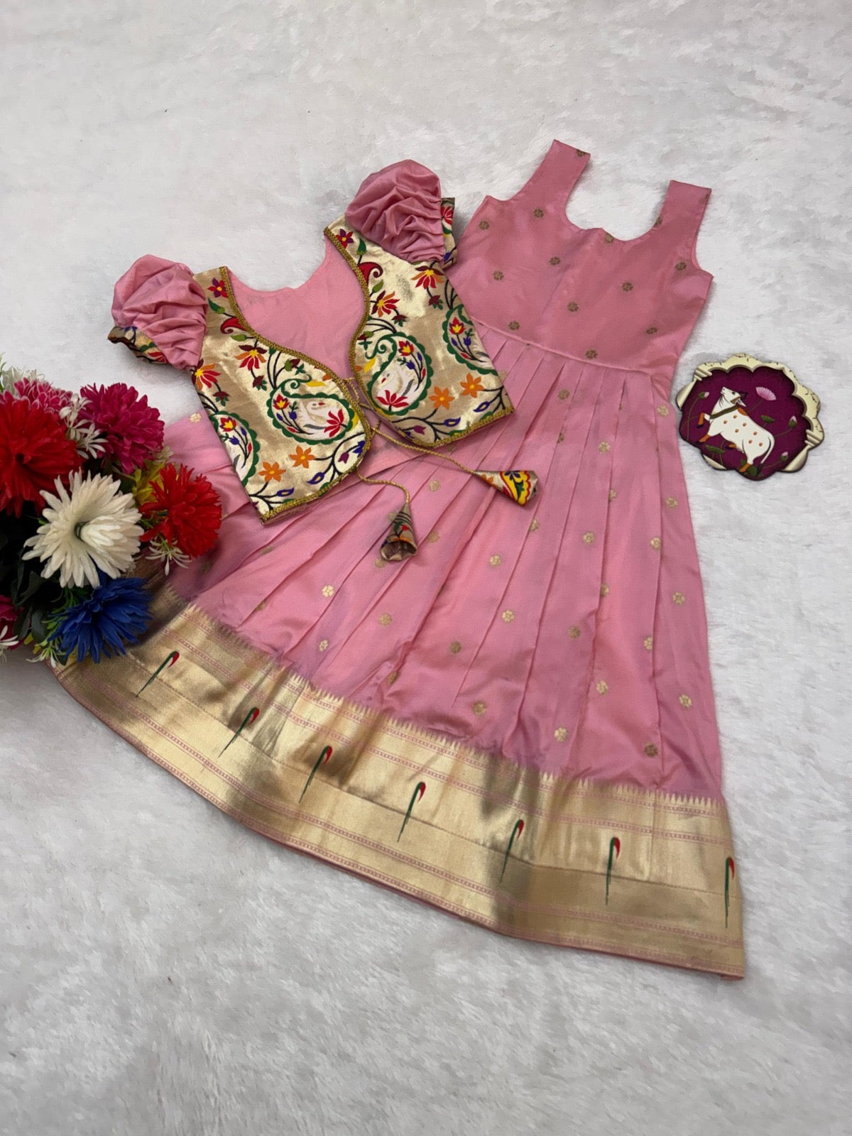 Girls Paithani Silk Gown with Overcoat – Golden Zari Weaving Party Wear