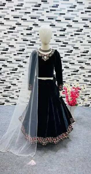 Girls Velvet Lehenga Choli Set – Heavy Sequin Embroidery with Net Dupatta