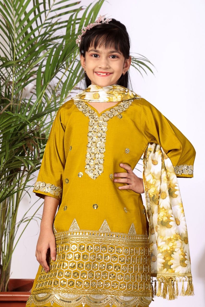 Girls Kurta Set – Floral Embroidered Silk Crepe Top Pant with Dupatta
