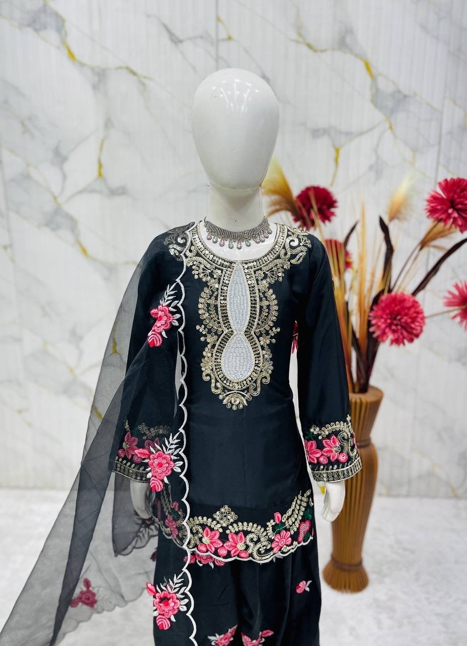 Girls Heavy Embroidered Salwar Suit Set – Crepe Top, Salwar & Organza Dupatta