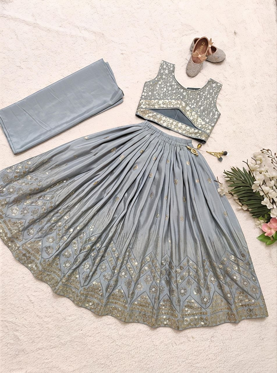 Girls Lehenga Choli Set – Sequin Embroidered Faux Georgette Outfit with Dupatta