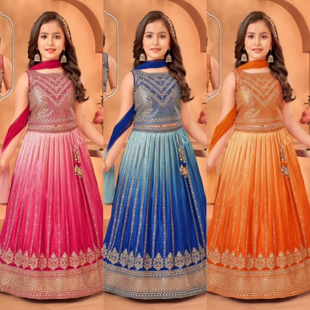 Girls Designer Lehenga Choli Set – Embroidered Chinon Silk Party Wear with Dupatta