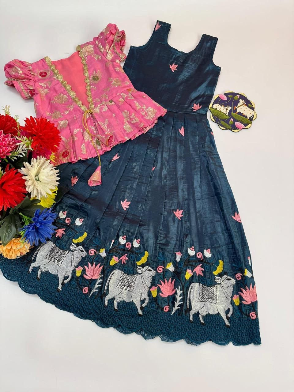 Girls Embroidered Gown with Designer Coat – Pichwai Inspired Party Wear Set