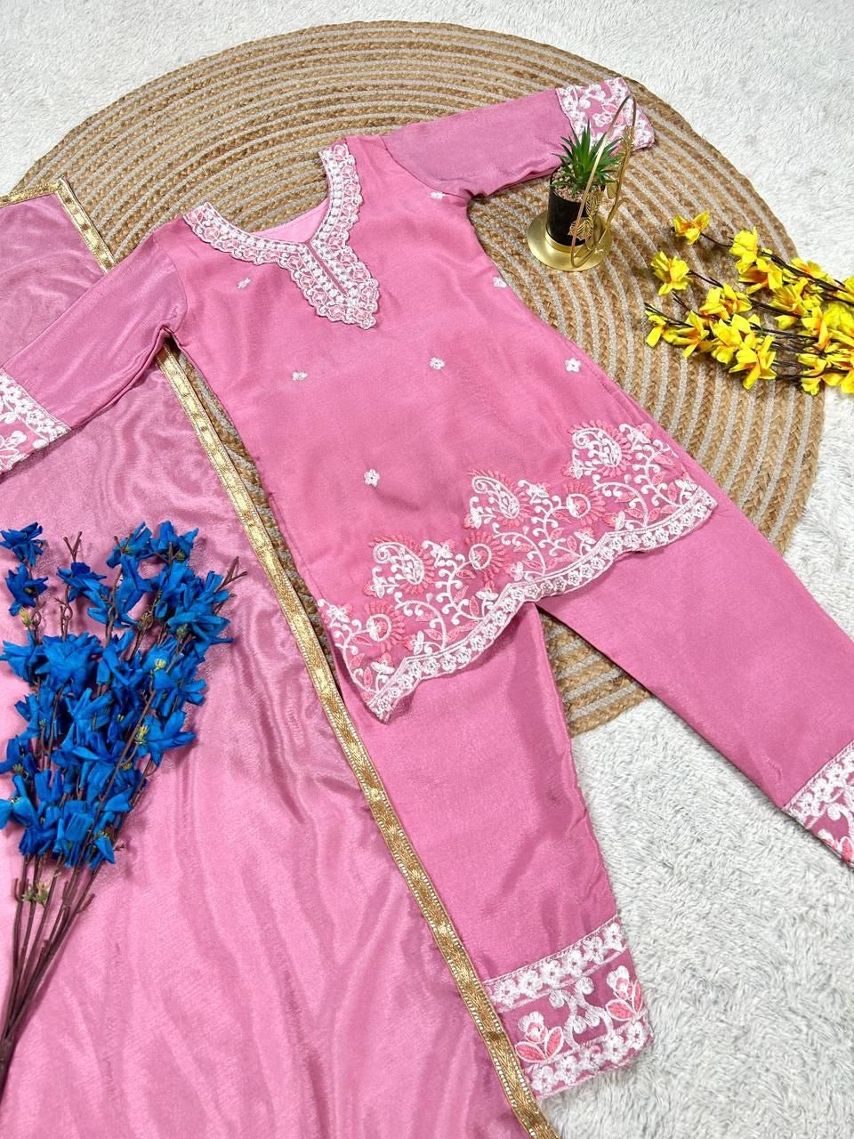 Girls 3-Piece Embroidered Party Outfit – Silk Top, Palazzo & Dupatta