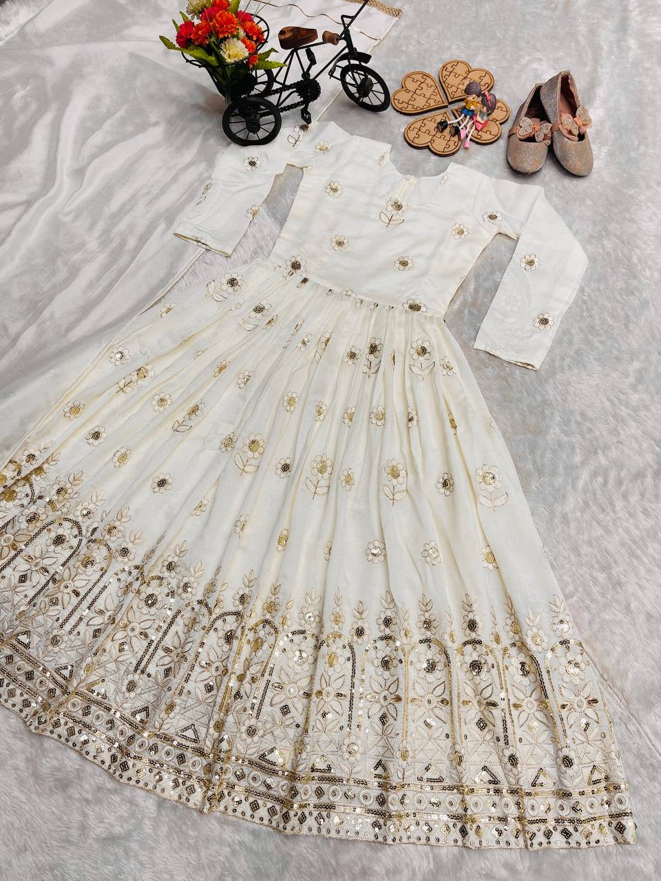 Girls Embroidered Vichitra Silk Gown with Dupatta – Sequin Party Wear