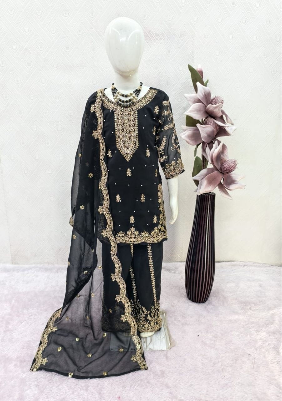 Girls Heavy Embroidered Sharara Suit Set – Georgette Kurti, Palazzo & Dupatta